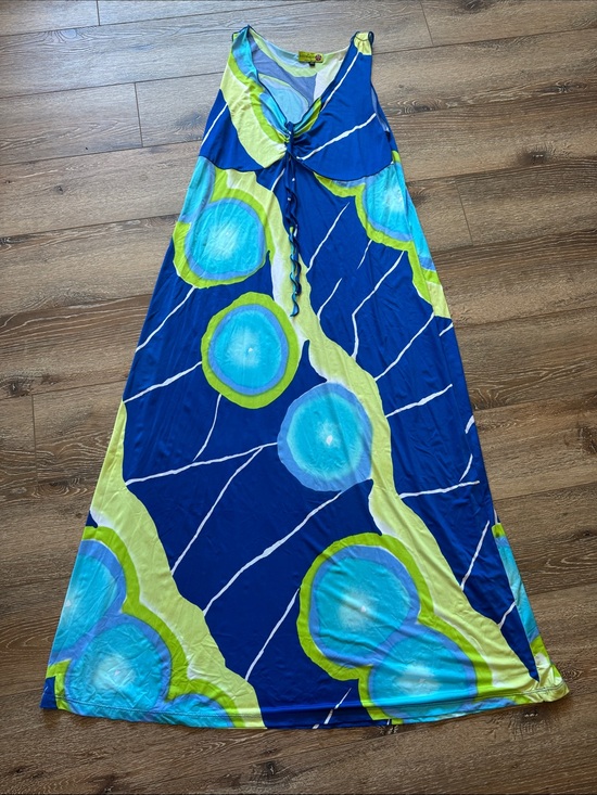 Hippietiques Dresses & Skirts - Blue & Lime Floral Maxi Dress - Sleeveless V-Neck